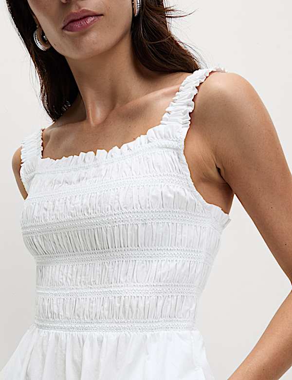Pure Cotton Shirred Midi Cami Dress