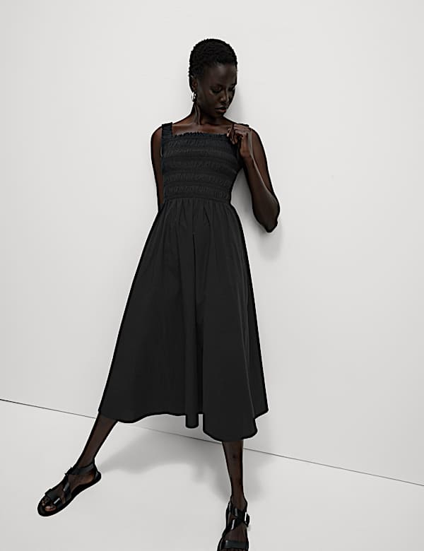 Pure Cotton Textured Midi Waisted Dress - HU