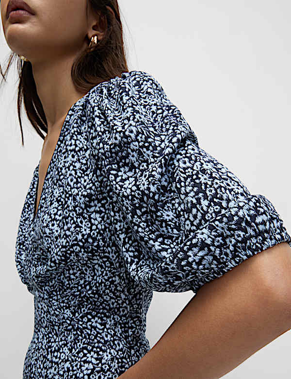 Printed V-Neck Puff Sleeve Midi Tea Dress - TW