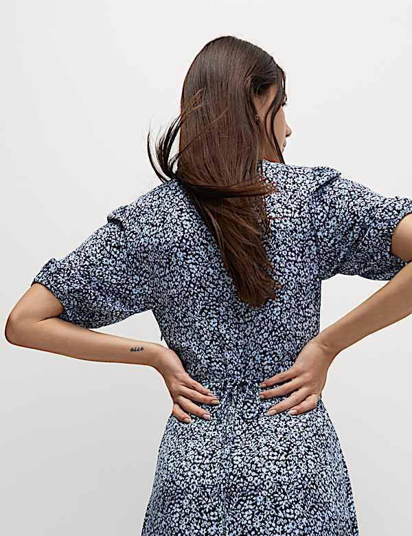 Printed V-Neck Puff Sleeve Midi Tea Dress - TW