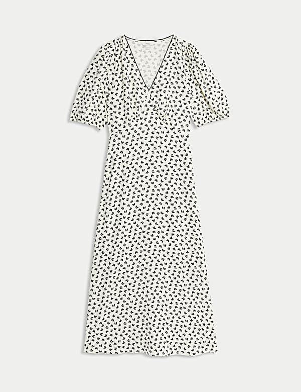 Robe midi &agrave; manches bouffantes et col en V avec imprim&eacute; - FR