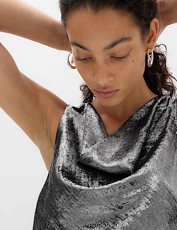 Metallic Cowl Neck Knee Length Slip Dress - VN