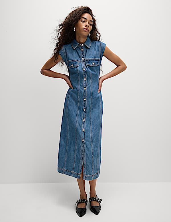 Denim praktische midi-jurk met knoopsluiting voor - BE