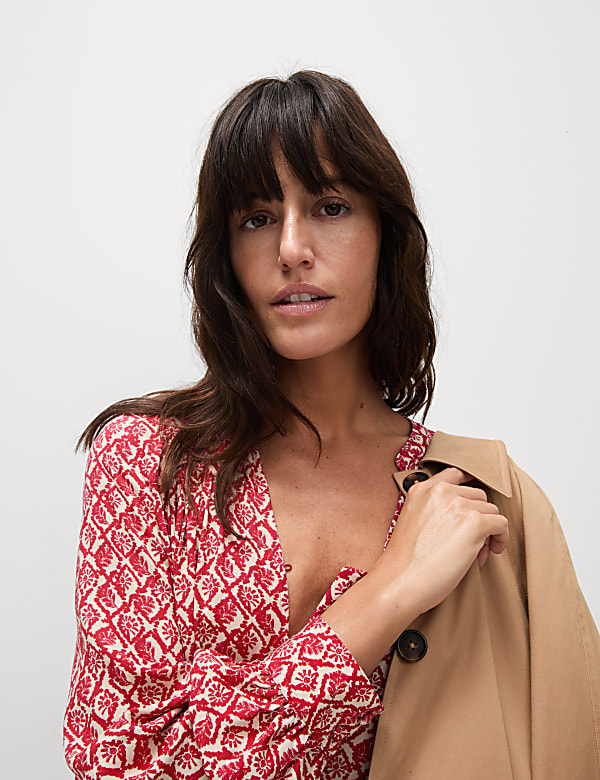 Printed V-Neck Midi Shirt Dress