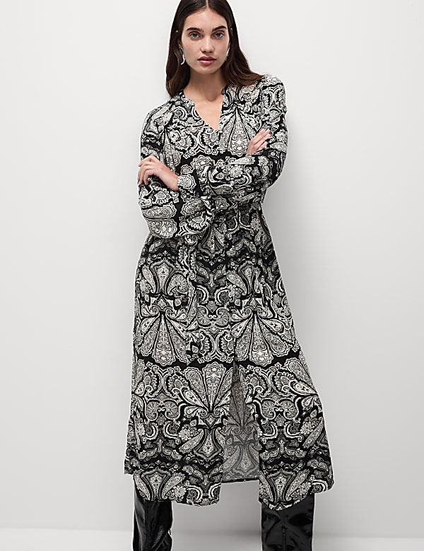 Printed V-Neck Midi Shirt Dress