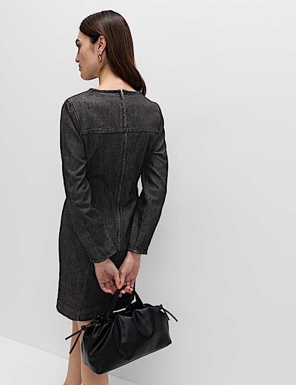 Cotton Rich Denim Round Neck Mini Shift Dress