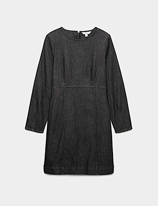 Cotton Rich Denim Round Neck Mini Shift Dress - UA
