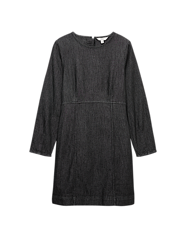 Cotton Rich Denim Round Neck Mini Shift Dress