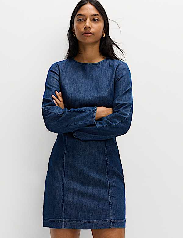 Cotton Rich Denim Round Neck Mini Shift Dress