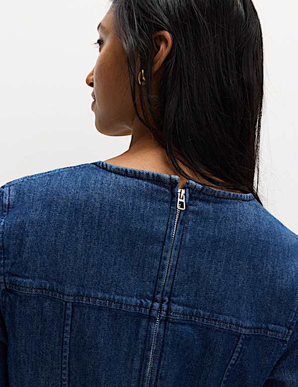 Cotton Rich Denim Round Neck Mini Shift Dress