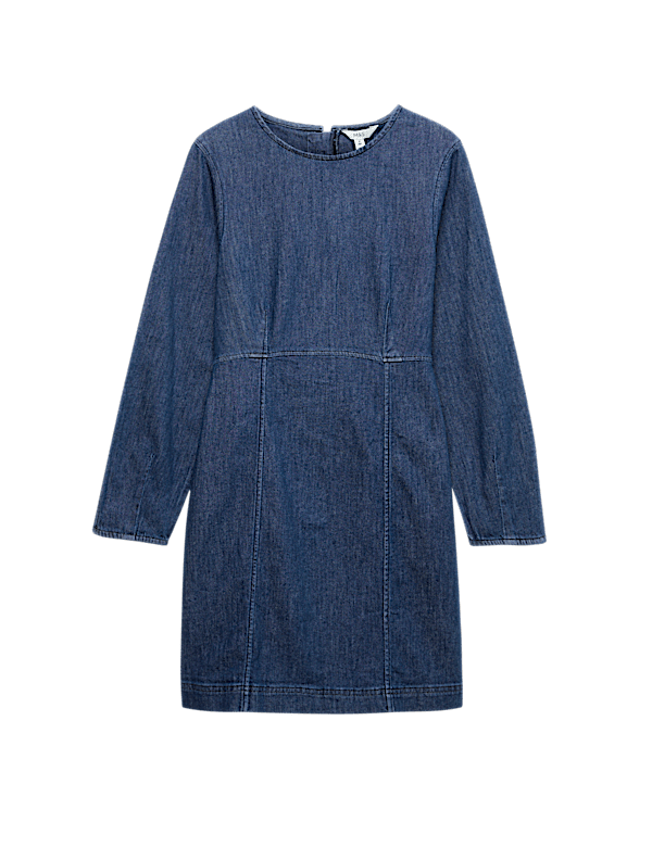 Cotton Rich Denim Round Neck Mini Shift Dress