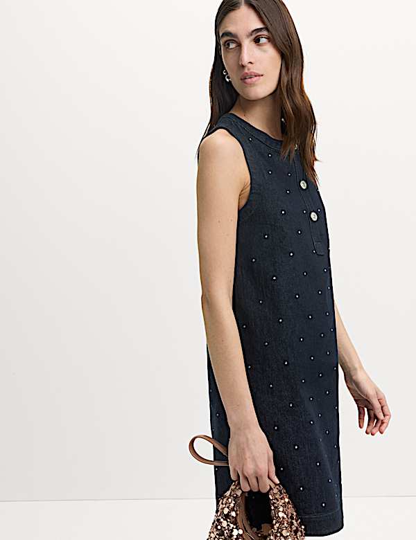 Denim Embellished Mini Shift Dress - VN