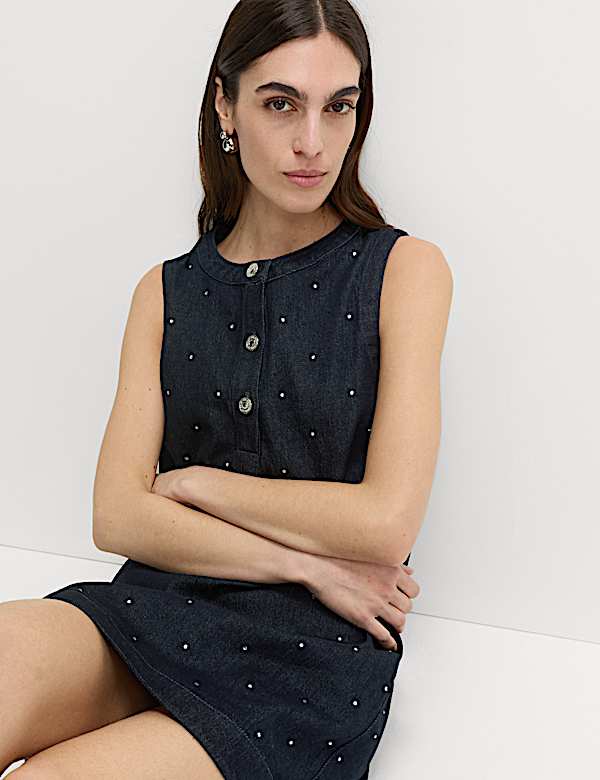 Denim Embellished Mini Shift Dress - VN