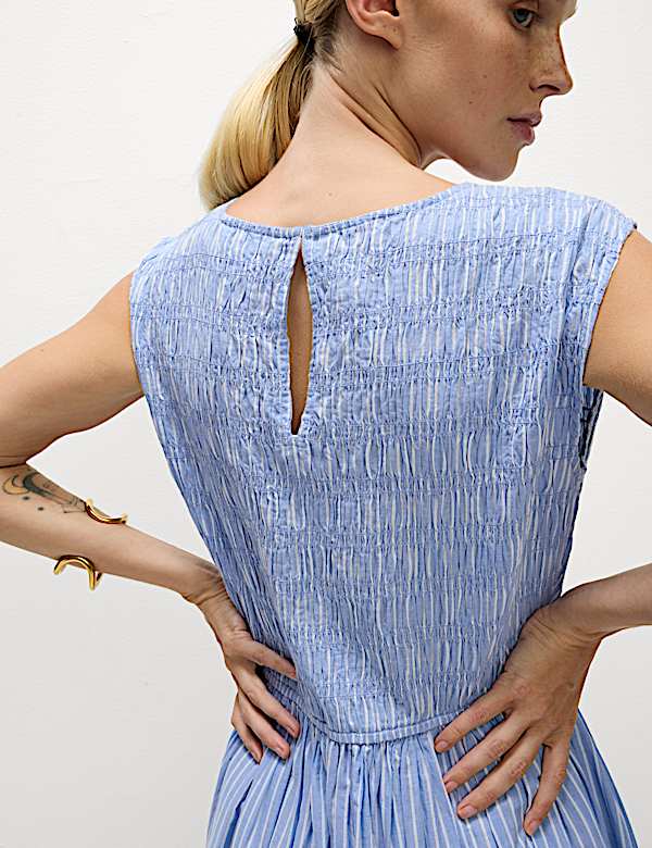 Pure Cotton Striped Midi Waisted Dress - CZ