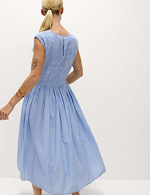 Pure Cotton Striped Midi Waisted Dress - CZ