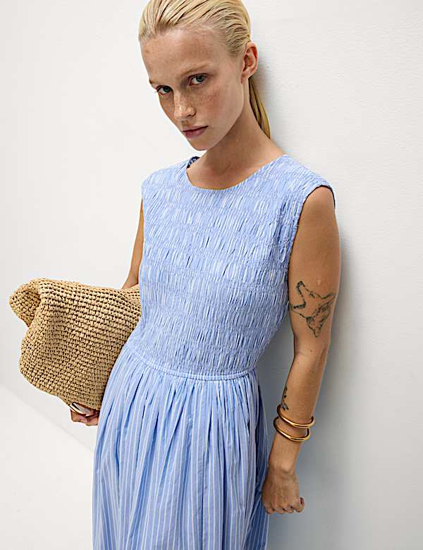 Pure Cotton Striped Midi Waisted Dress - CZ