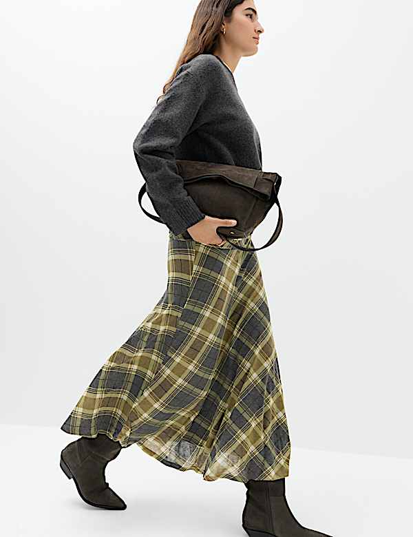 Lyocell Blend Checked Ruched Midi A-Line Skirt
