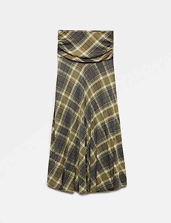 Lyocell Blend Checked Ruched Midi A-Line Skirt - US