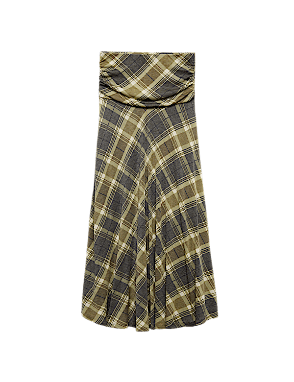 Lyocell Blend Checked Ruched Midi A-Line Skirt