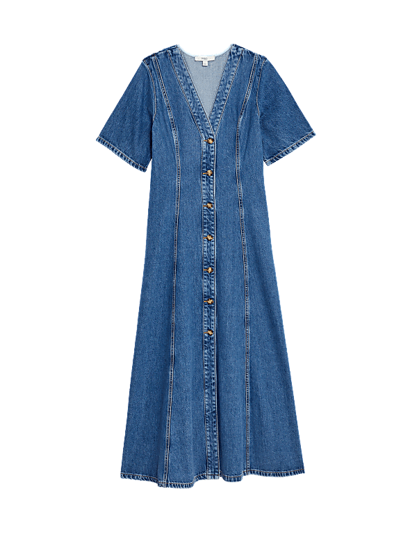 Denim V-Neck Button Through Midi Skater Dress