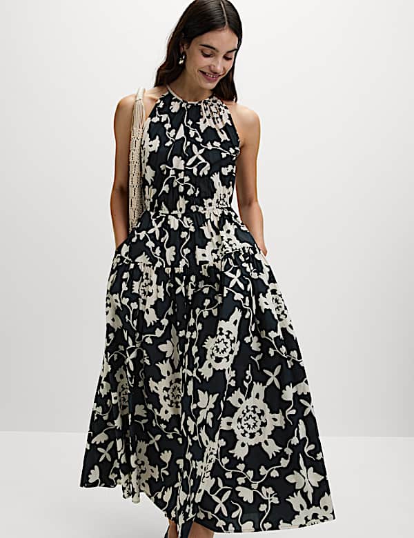 Pure Cotton Printed Halter Neck Midi Dress - GR