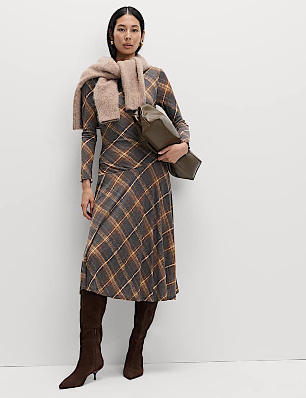 Lyocell Blend Checked Dropped Waist Midi Dress