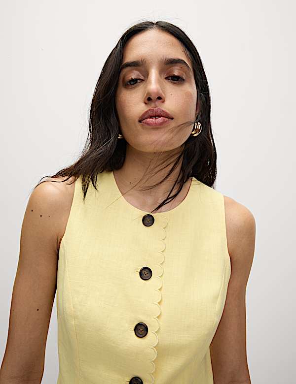 Linen Blend Button Through Mini Shift Dress