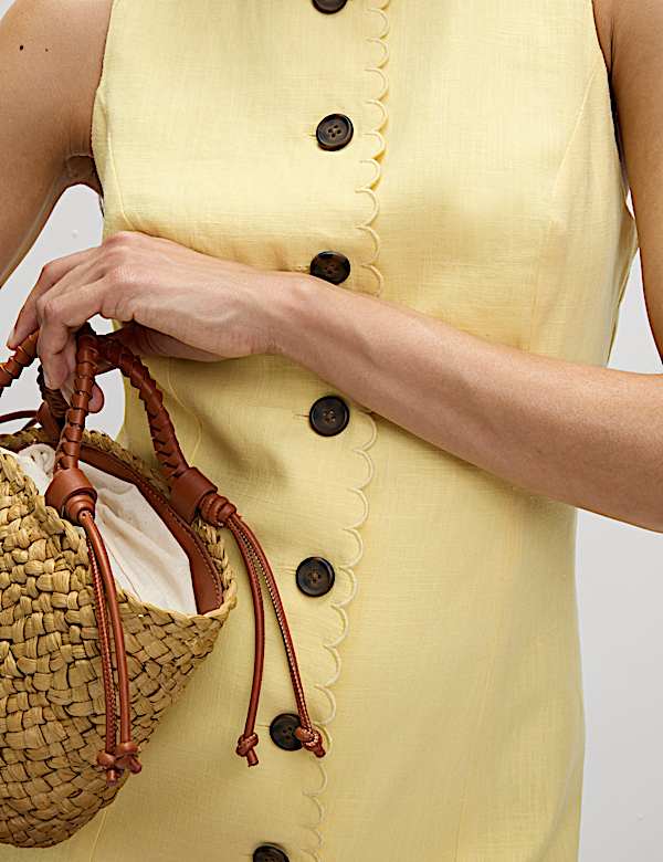 Linen Blend Button Through Mini Shift Dress