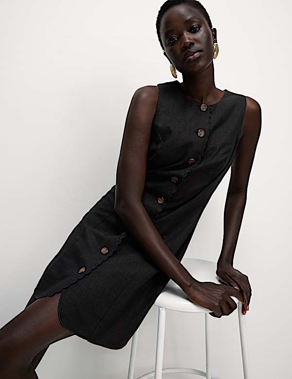 Linen Blend Button Through Mini Shift Dress