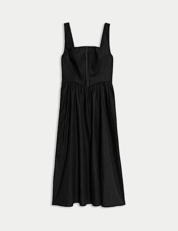 Linen Blend Square Neck Midi Skater Dress - CY
