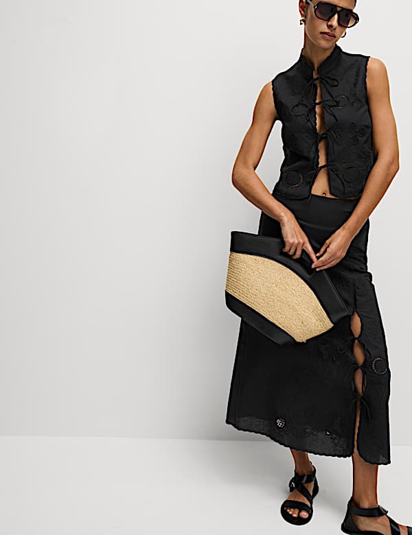 Linen Rich Embroidered Midaxi A-Line Skirt