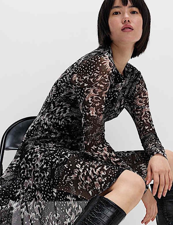 Mesh Printed Mini Skater Dress