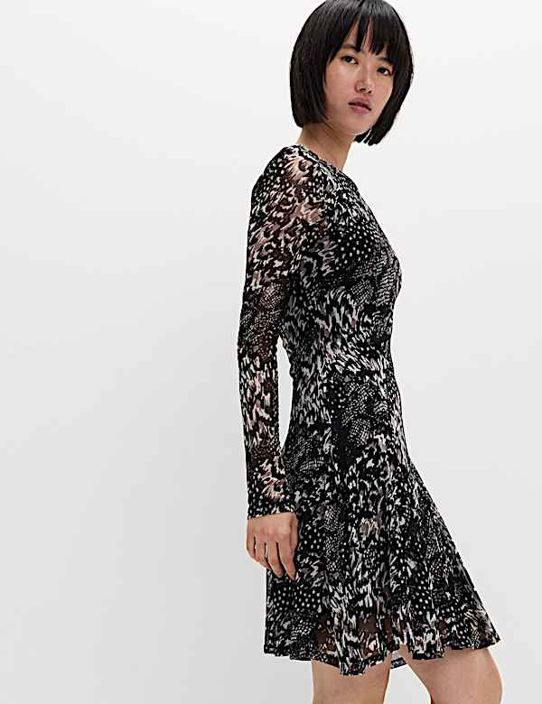 Mesh Printed Mini Skater Dress