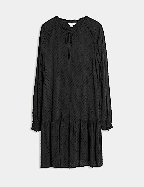 שמלת מיני בגזרה נינוחה עם קשירה בצווארון וסלסולים - IL