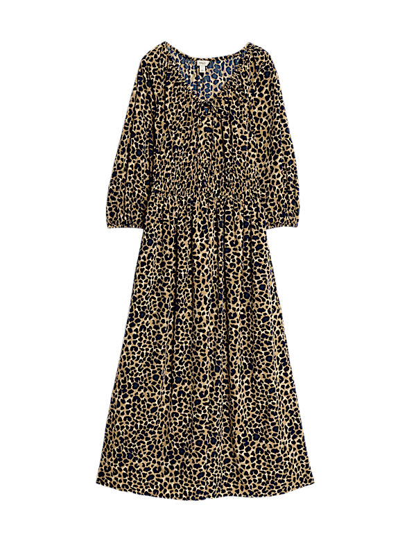 Animal Print V-Neck Ruched Midi Waisted Dress