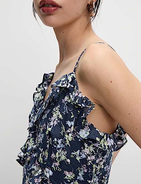 Robe midi caraco en lyocell &agrave; volants et imprim&eacute; - FR