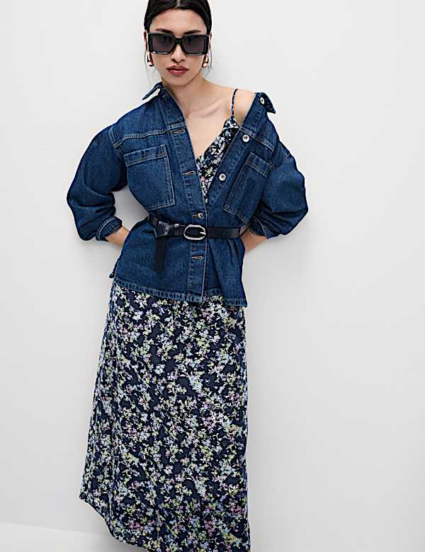 Robe midi caraco en lyocell &agrave; volants et imprim&eacute; - FR