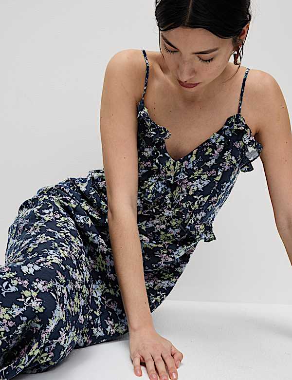 Robe midi caraco en lyocell &agrave; volants et imprim&eacute; - FR