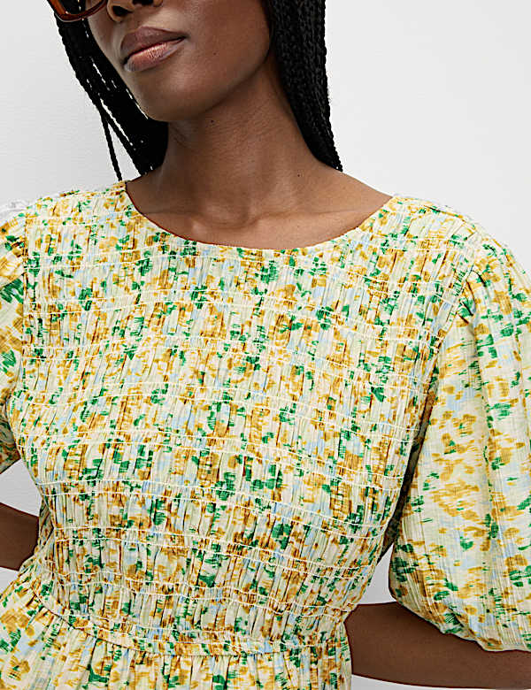 Printed Shirred Midi Waisted Dress