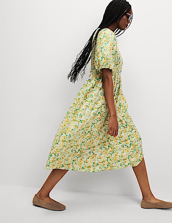 Printed Shirred Midi Waisted Dress