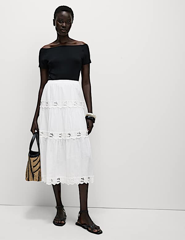 Pure Cotton Broderie Midi Tiered Skirt - NZ