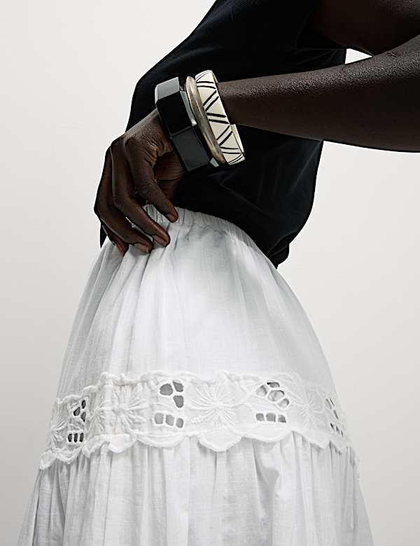 Pure Cotton Broderie Midi Tiered Skirt - NZ