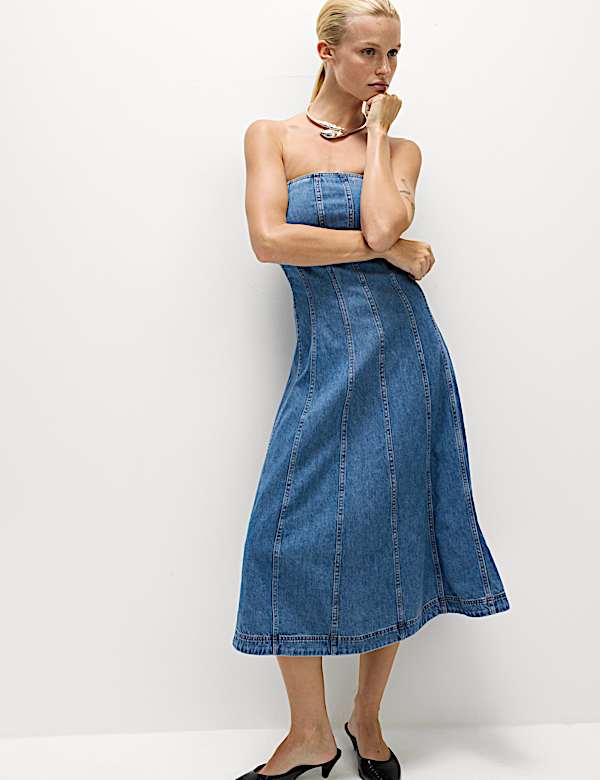 Denim Bandeau Midi Skater Dress - JP