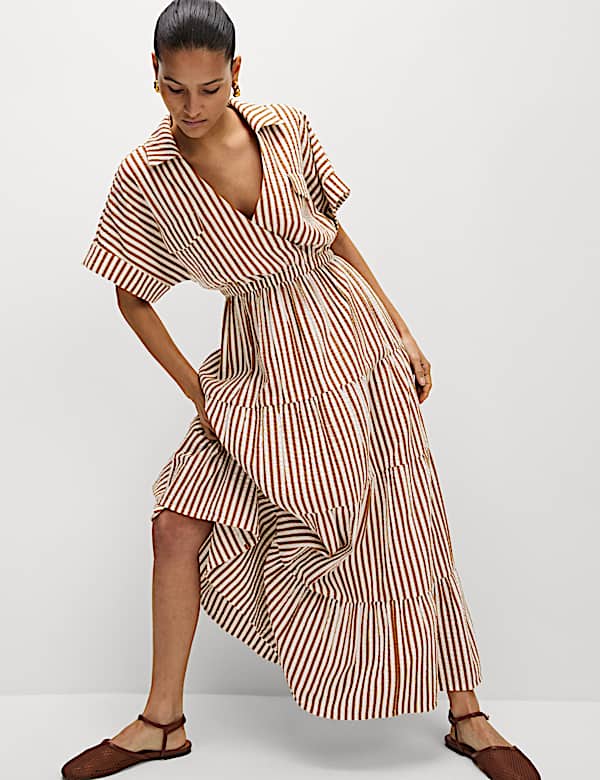 Pure Cotton Printed V-Neck Midaxi Shirt Dress