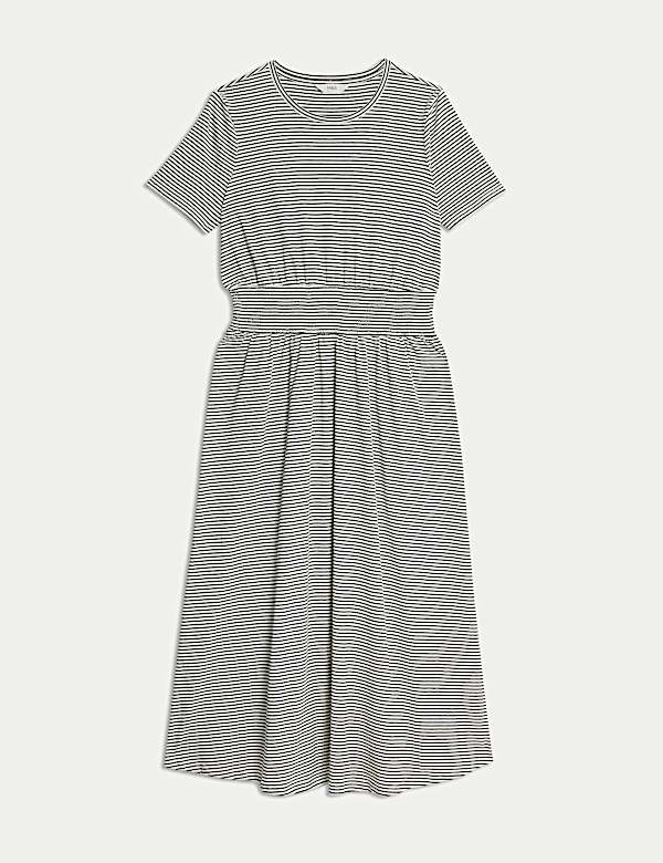 Pure Cotton Striped Midi Shirred Dress - JP