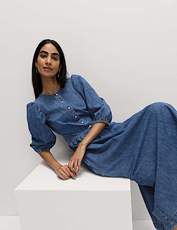 שמלת מידי אסופה במותניים מכותנת ג'ינס טהורה - IL