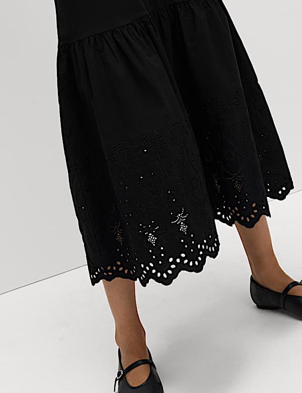Pure Cotton Cutwork Midi Drop Waist Dress - AT