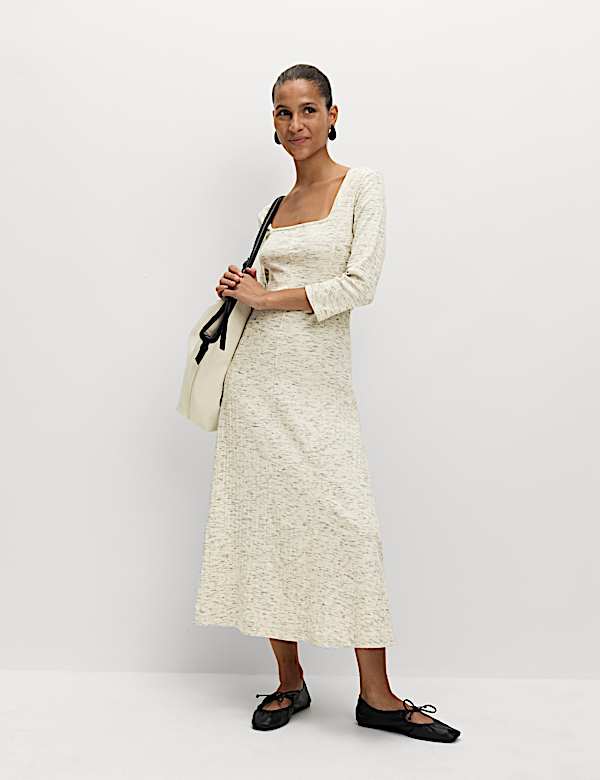 Cotton Rich Jersey Ribbed Midi Skater Dress - IS