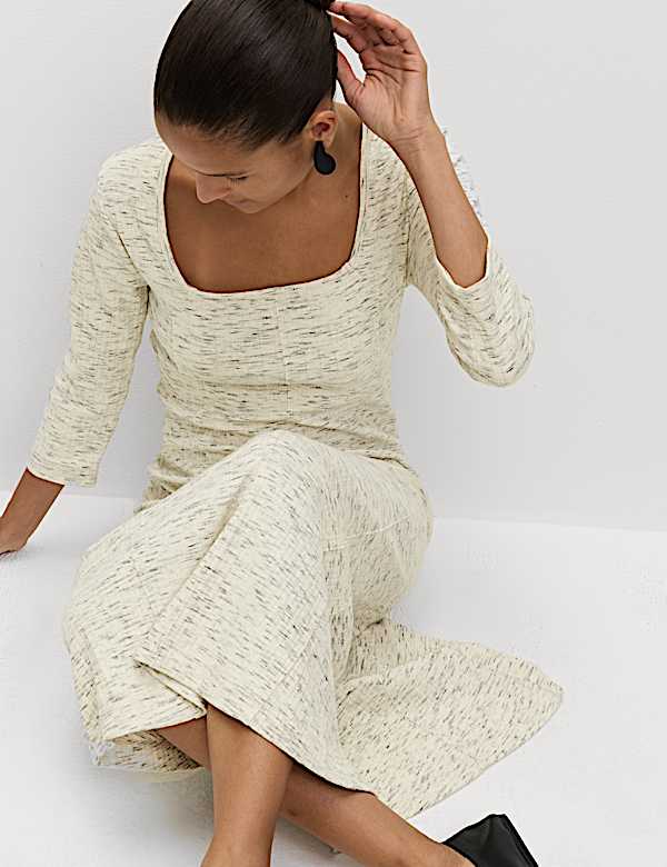 Cotton Rich Jersey Ribbed Midi Skater Dress - IS