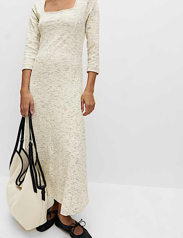 Cotton Rich Jersey Ribbed Midi Skater Dress - IS